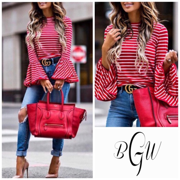 Gorgeous Red & White Striped bell sleeve top - Picture 2 of 4